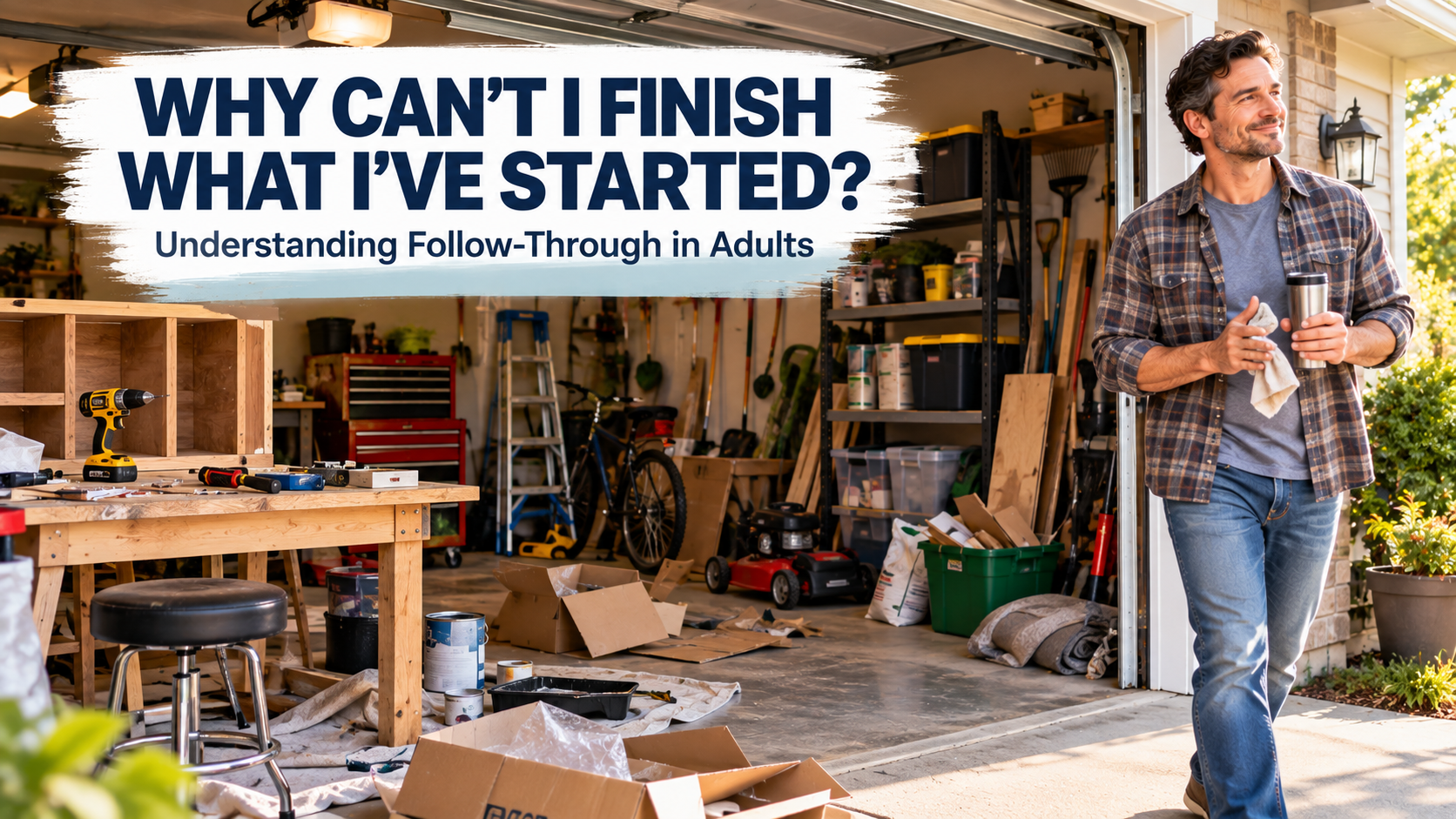 Adult man walking away from a cluttered garage while tools, boxes, and unfinished home projects remain behind him.