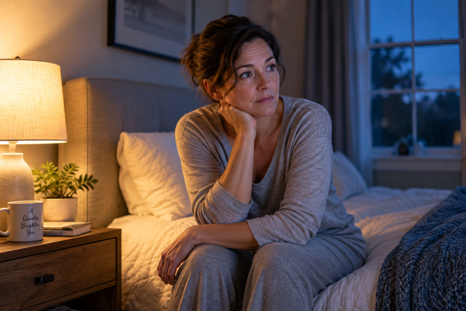 Adult sitting awake in a quiet room while experiencing persistent thoughts at night