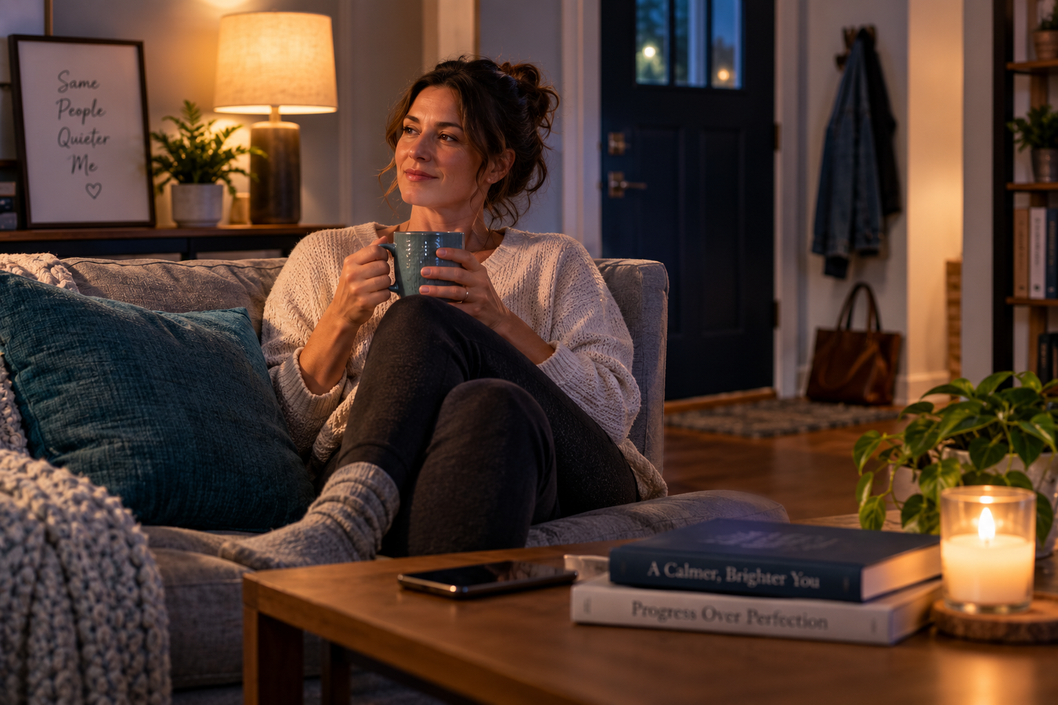 Adult relaxing quietly at home after returning from a social gathering