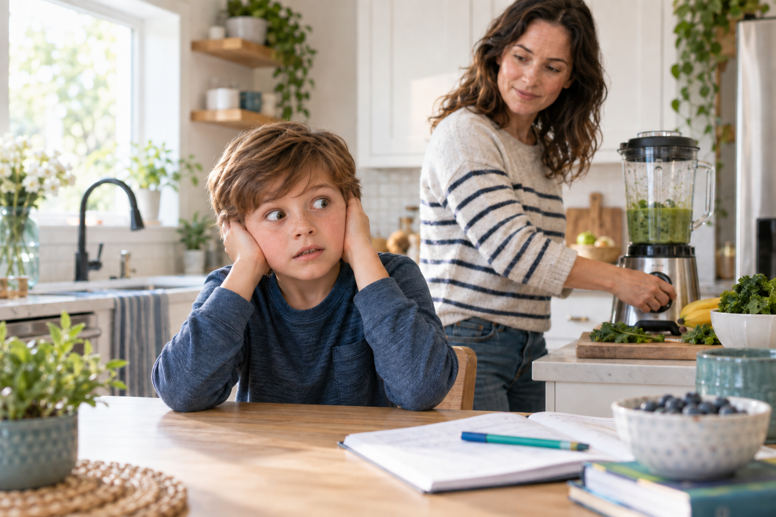 Startled child covering his ears while a parent turns off a noisy blender.
