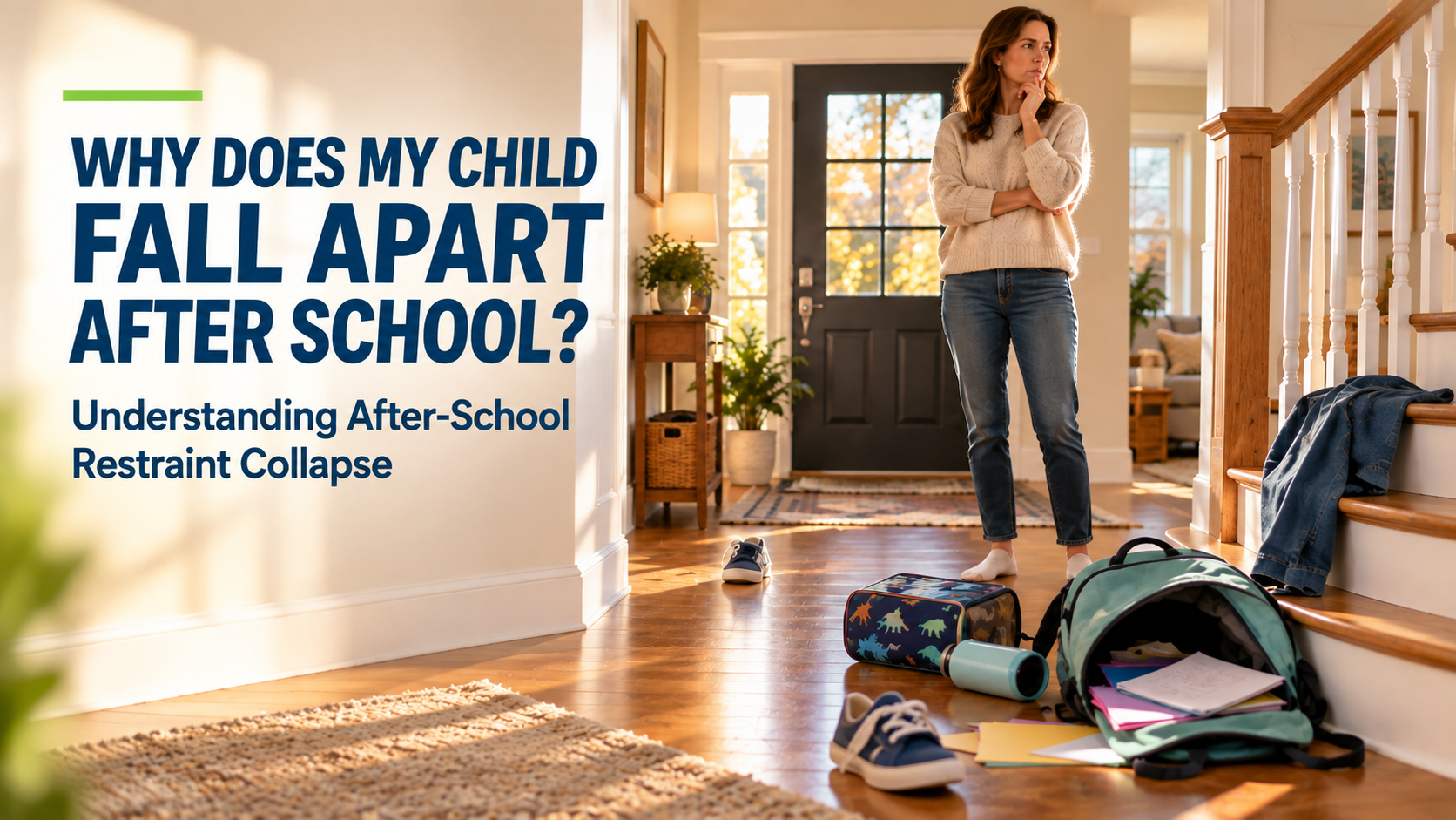Mother looking toward another room after a child arrives home from school, with a backpack, shoes, lunchbox, and school papers scattered in the entryway.