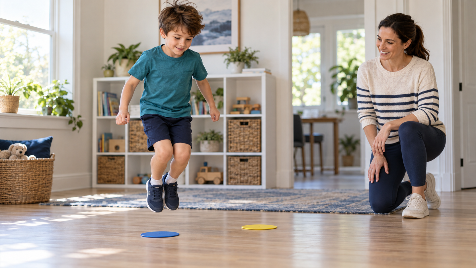 Child making a small jump between floor markers while a caregiver watches nearby.