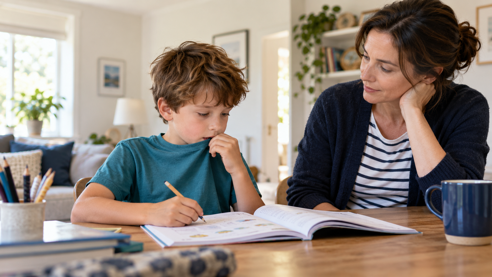 Child holding a shirt collar near their mouth while a caregiver sits beside them during homework.